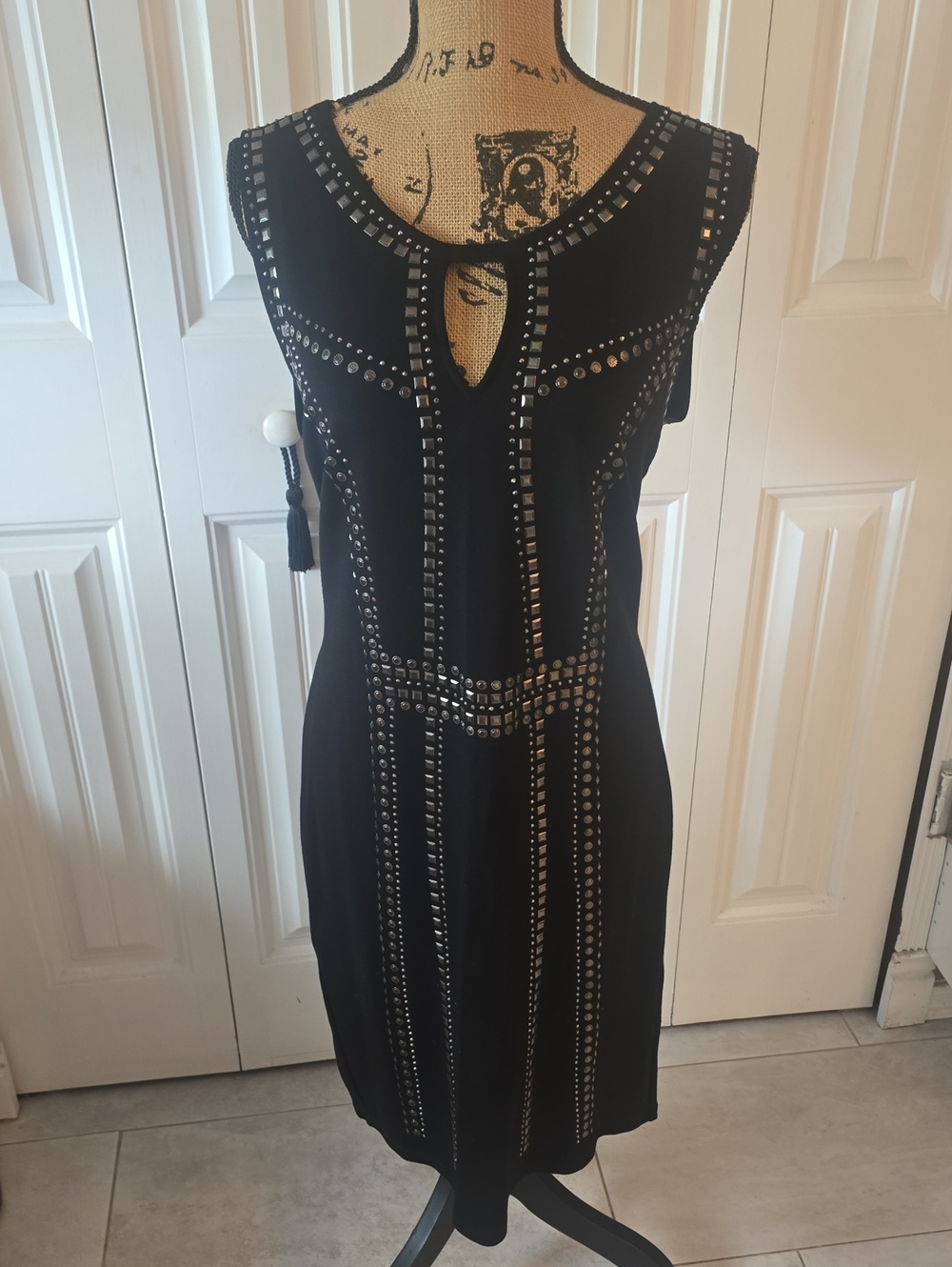 Carmen Marc Valvo Black Stud-Embellished Keyhole Mini Dress